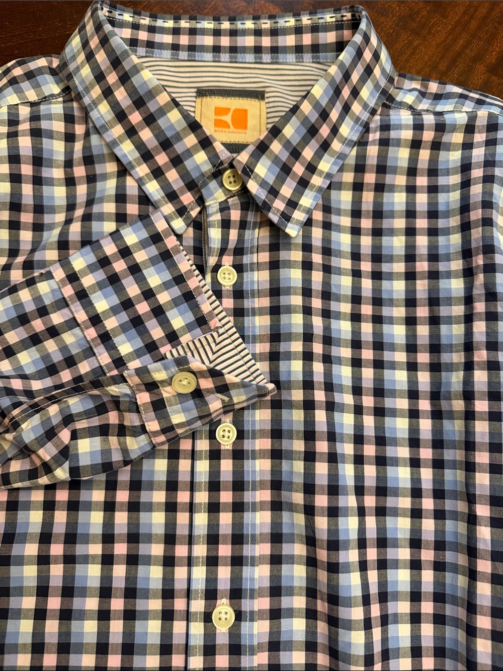 Hugo Boss Cotton Plaid Check Blue Pink  Long Sleeve Shirt Size:2XL